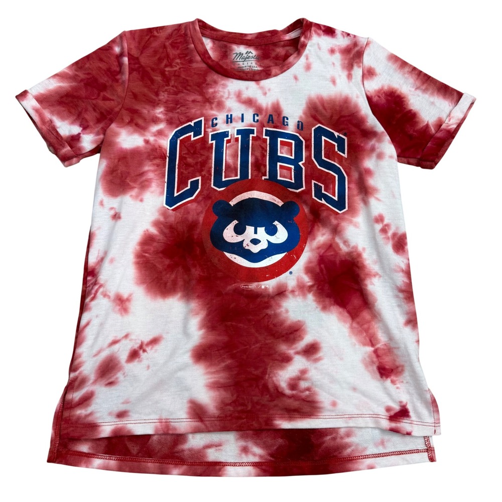 Majestic Chicago Cubs Tie-Dye T-Shirt Womens Medium Red Game Day Spirit Casual